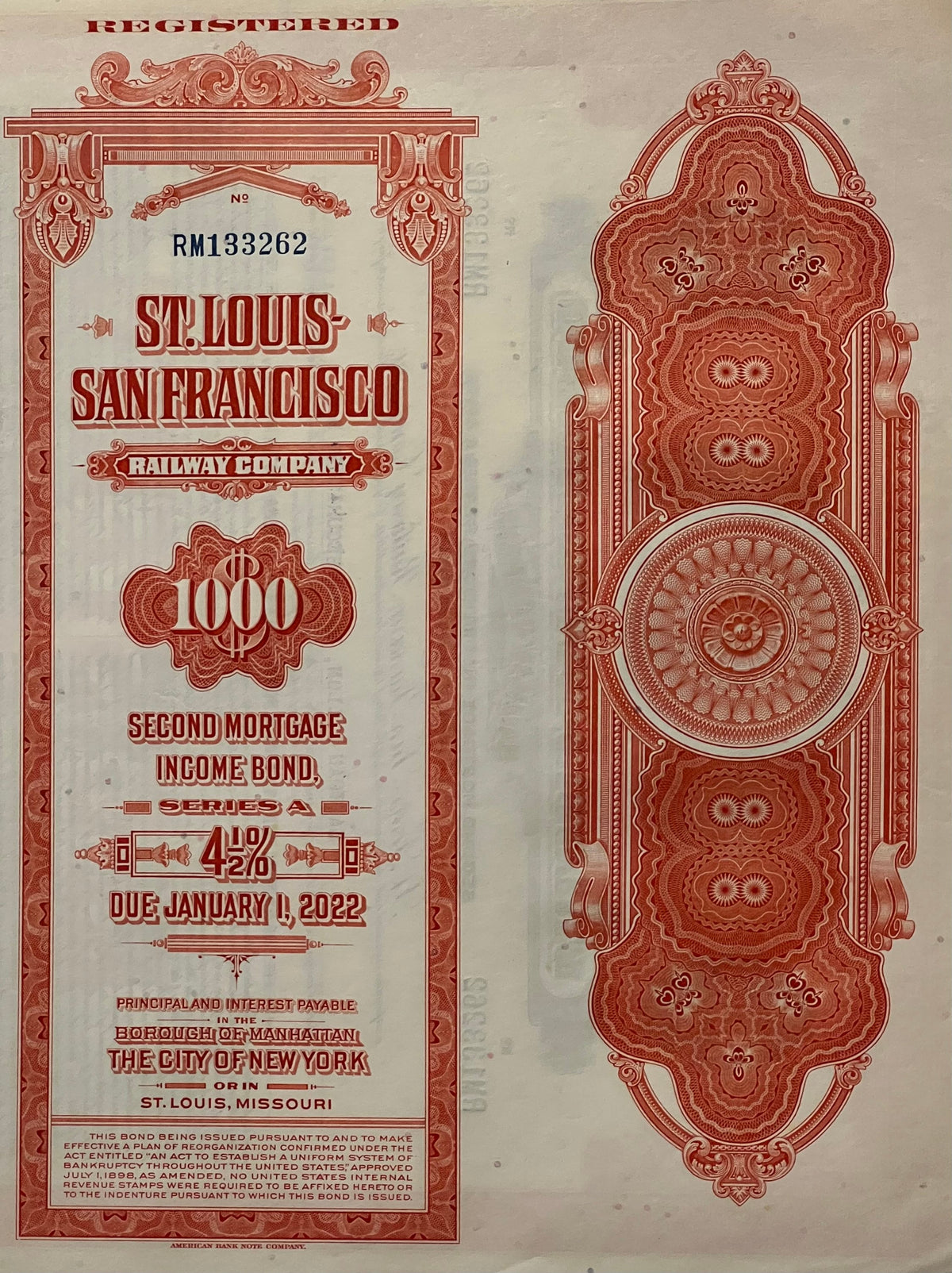 Vintage 1963 Frisco Railroad $1,000 Gold Bond 🚂 St Louis-San Francisco Second Mortgage
