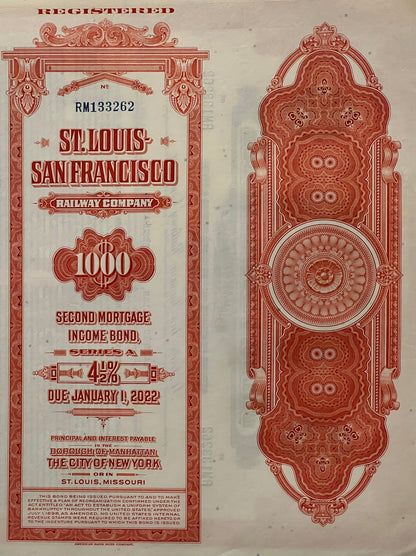 Vintage 1963 Frisco Railroad $1,000 Gold Bond 🚂 St Louis-San Francisco Second Mortgage
