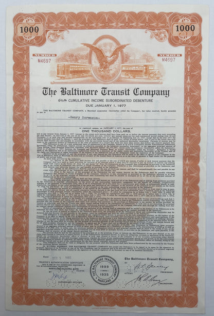 Vintage 1966 Baltimore Transit Company $1,000 Bond 🚋 Streetcar & Bus History, 6 2/3% Income Debenture