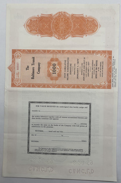Vintage 1966 Baltimore Transit Company $1,000 Bond 🚋 Streetcar & Bus History, 6 2/3% Income Debenture