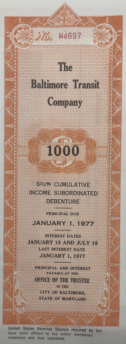 Vintage 1966 Baltimore Transit Company $1,000 Bond 🚋 Streetcar & Bus History, 6 2/3% Income Debenture
