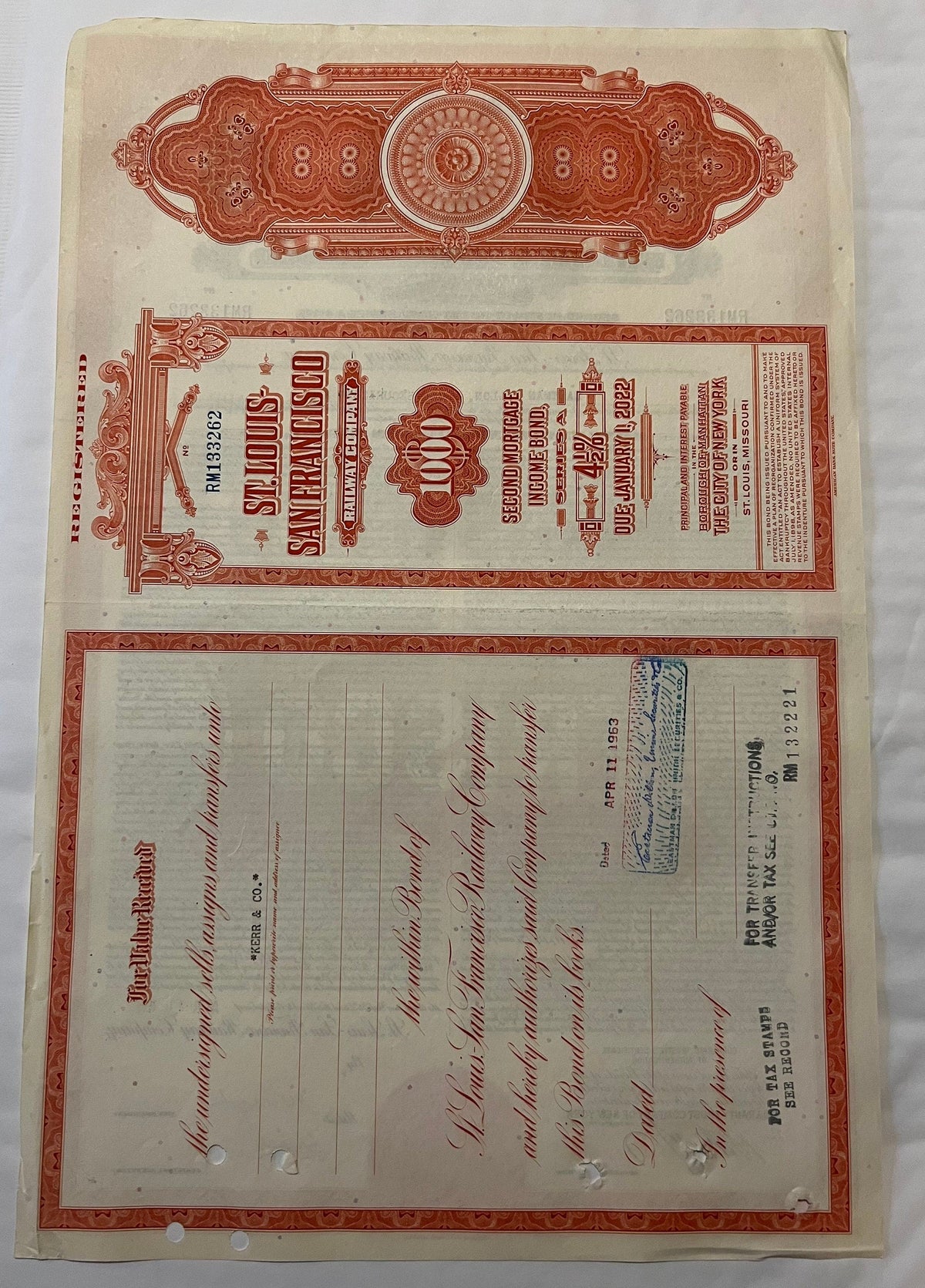 Vintage 1963 Frisco Railroad $1,000 Gold Bond 🚂 St Louis-San Francisco Second Mortgage