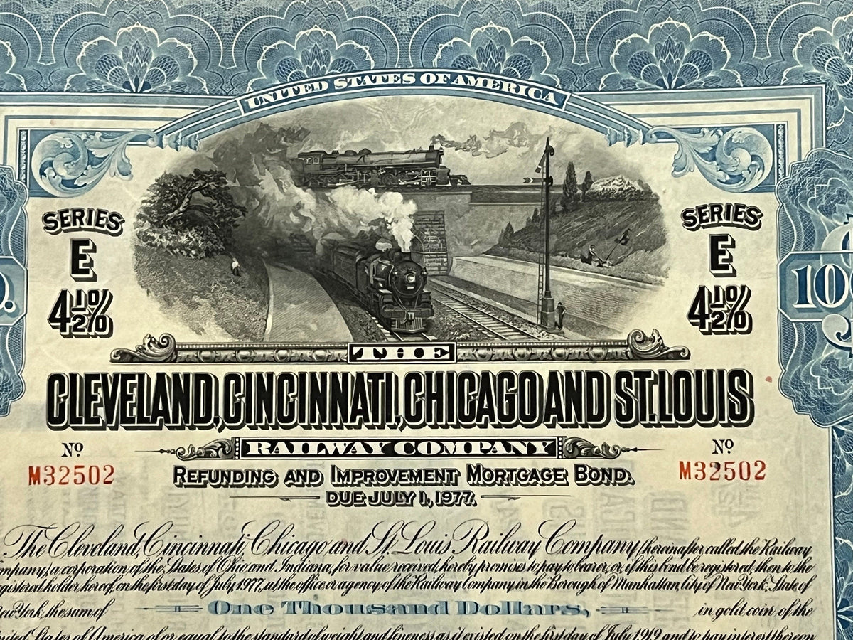 Antique 1927 Big Four Railroad Bond 🚂 Cleveland Cincinnati Chicago St Louis Railway $1000