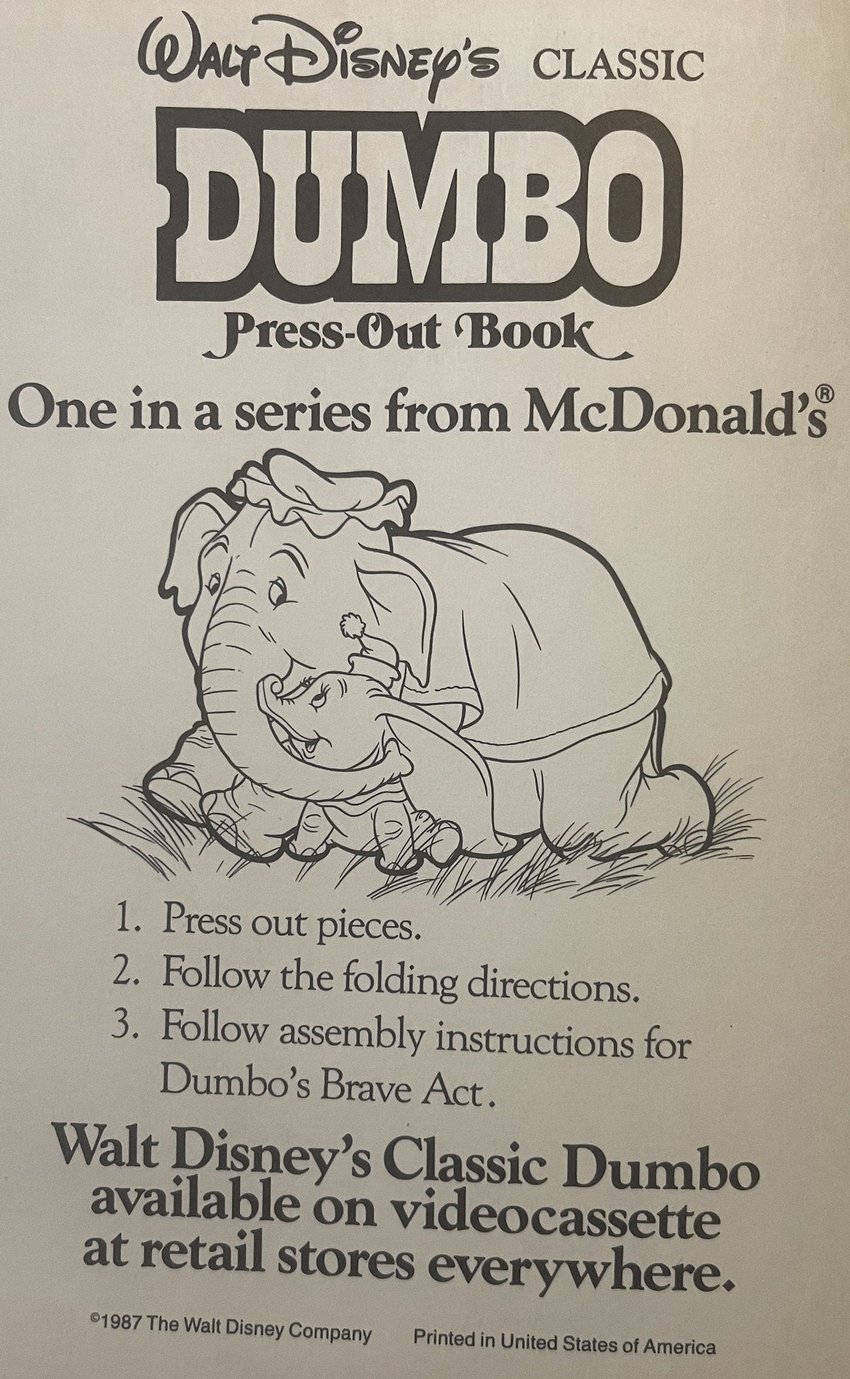 Vintage 1987 Disney Dumbo Press‑Out Book 🎪 McDonald’s NOS 8x8 VHS Era