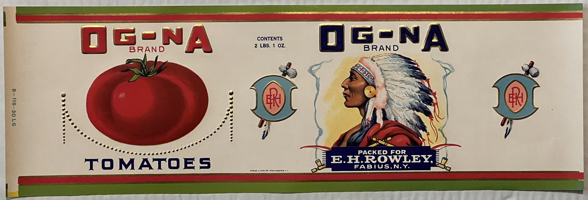 Antique OG-NA Brand Tomatoes Label 🪶 Fabius NY Native American Chief Gold Embossed Can Label