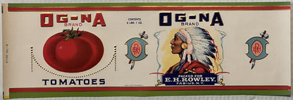 Antique OG-NA Brand Tomatoes Label 🪶 Fabius NY Native American Chief Gold Embossed Can Label
