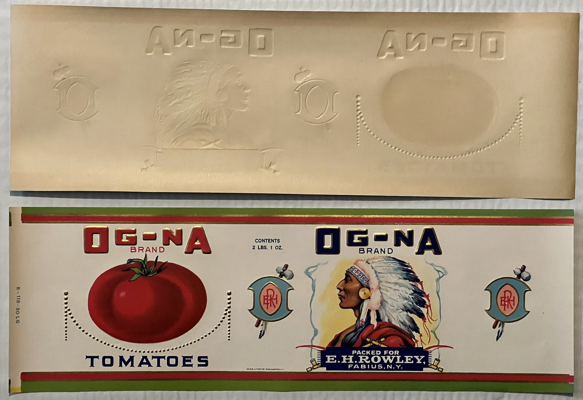 Antique OG-NA Brand Tomatoes Label 🪶 Fabius NY Native American Chief Gold Embossed Can Label
