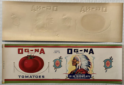 Antique OG-NA Brand Tomatoes Label 🪶 Fabius NY Native American Chief Gold Embossed Can Label