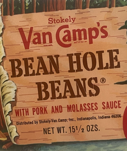 Vintage 1960s Van Camp's Bean Hole Beans Label 🌲 Lumberjack & Canoe North Woods Art NOS 9.5 x 4.5