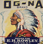 Antique OG-NA Brand Tomatoes Label 🪶 Fabius NY Native American Chief Gold Embossed Can Label