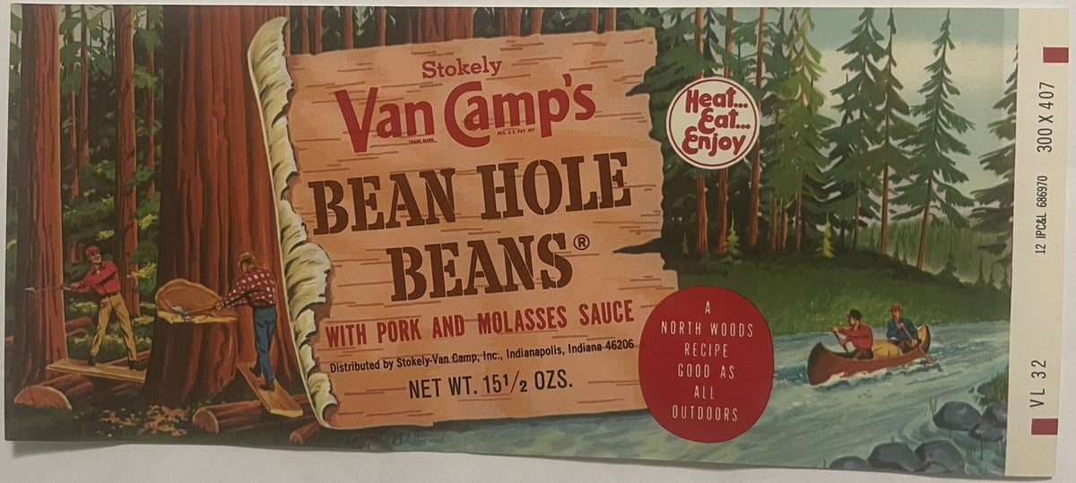 Vintage 1960s Van Camp's Bean Hole Beans Label 🌲 Lumberjack & Canoe North Woods Art NOS 9.5 x 4.5