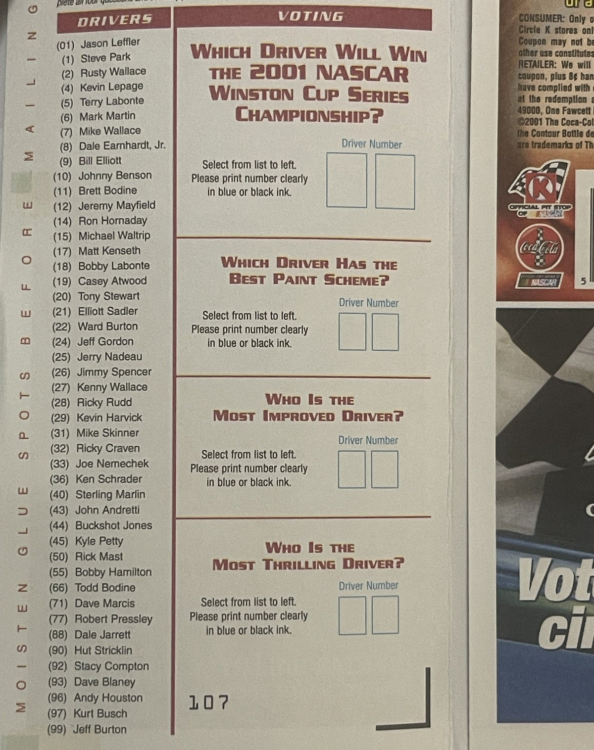 Vintage 2001 NASCAR Winston Cup Ballot 🍺 Year Tragic Loss Dale Earnhardt RIP!