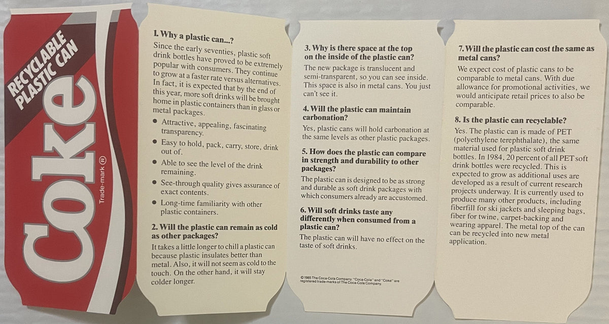 Vintage 1985 Coca Cola Recyclable Plastic Can Pamphlet Die Cut Brochure Failed Product Soda History 🥤