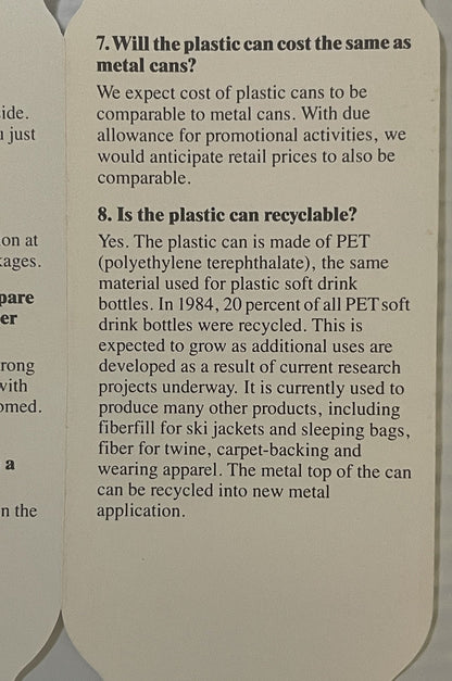 Vintage 1985 Coca Cola Recyclable Plastic Can Pamphlet Die Cut Brochure Failed Product Soda History 🥤