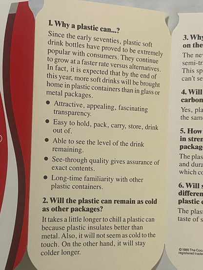 Vintage 1985 Coca Cola Recyclable Plastic Can Pamphlet Die Cut Brochure Failed Product Soda History 🥤