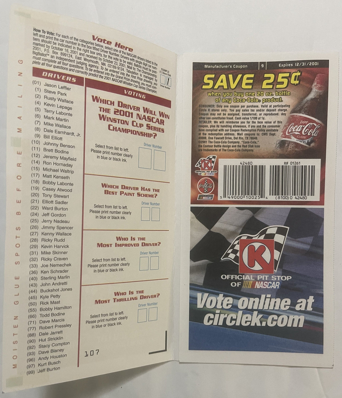 Vintage 2001 NASCAR Winston Cup Ballot 🍺 Year Tragic Loss Dale Earnhardt RIP!