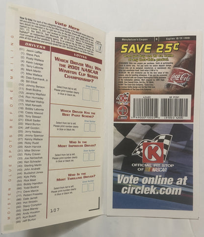 Vintage 2001 NASCAR Winston Cup Ballot 🍺 Year Tragic Loss Dale Earnhardt RIP!