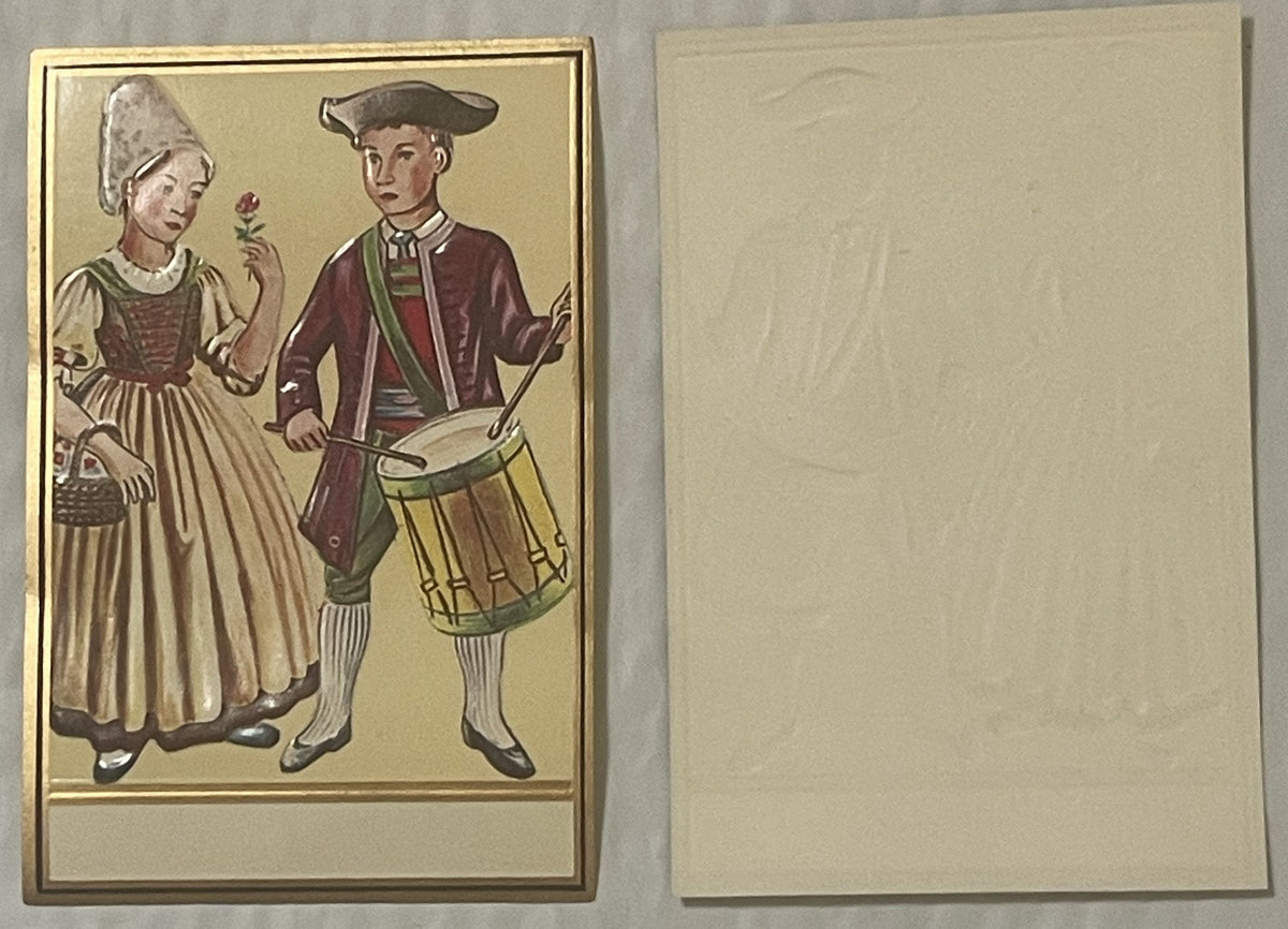 Antique Gold Embossed Label 1910s-1920s Pennsylvania Dutch Colonial Couple Drummer Flower Basket Folk Art Chromolithograph NOS Ephemera 🥃