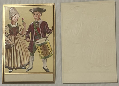 Antique Gold Embossed Label 1910s-1920s Pennsylvania Dutch Colonial Couple Drummer Flower Basket Folk Art Chromolithograph NOS Ephemera 🥃