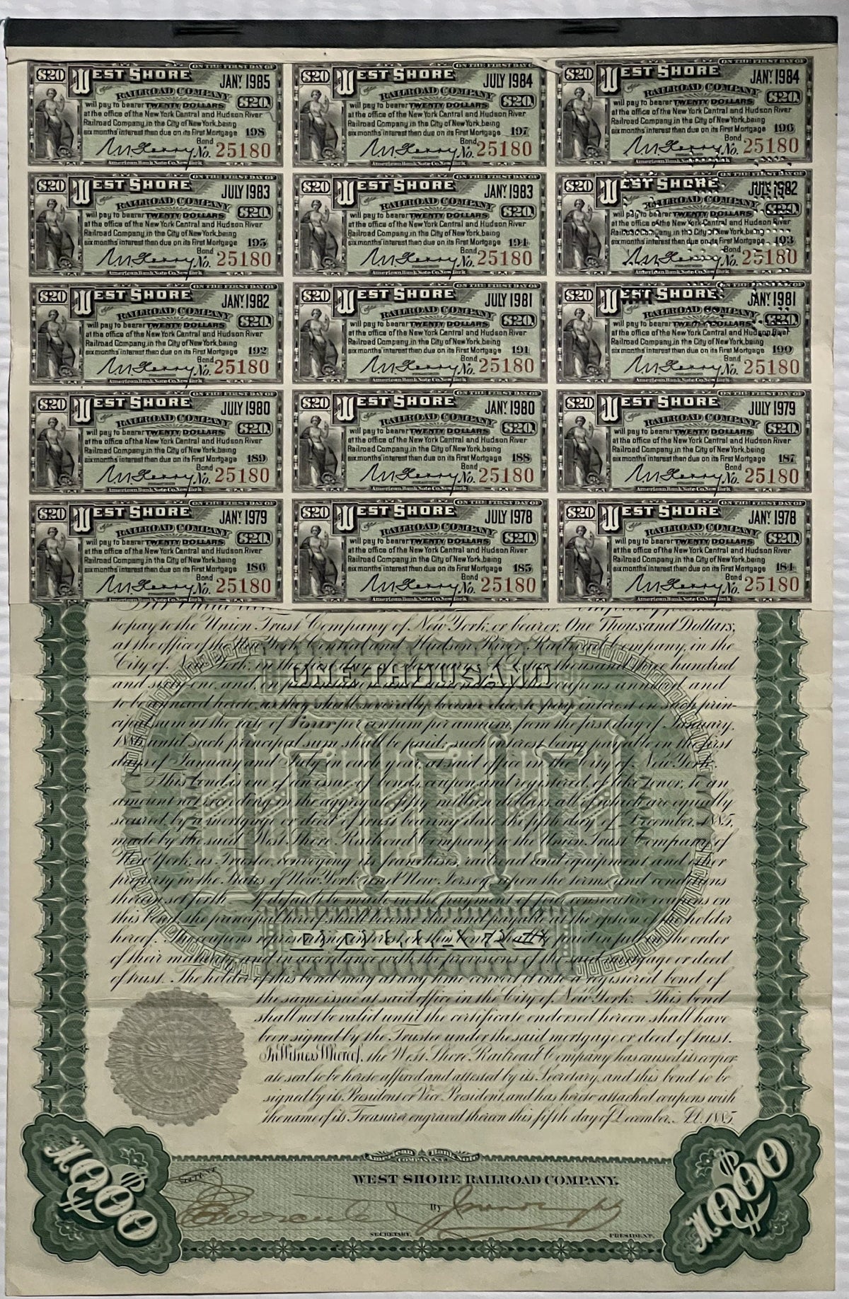 Antique 1885 West Shore Railroad $1,000 Gold Bond 🛤️ Certificate with Coupons, Vanderbilt Railway History
