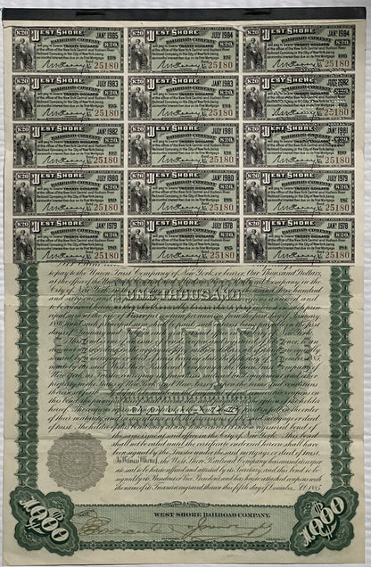 Antique 1885 West Shore Railroad $1,000 Gold Bond 🛤️ Certificate with Coupons, Vanderbilt Railway History