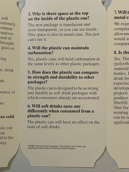 Vintage 1985 Coca Cola Recyclable Plastic Can Pamphlet Die Cut Brochure Failed Product Soda History 🥤