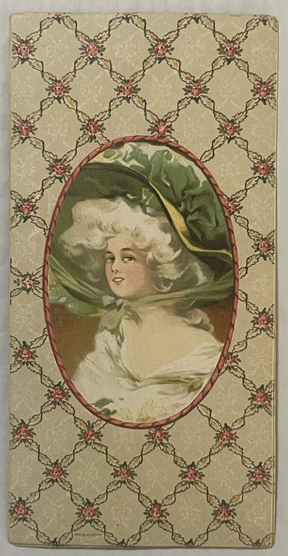 Antique Edwardian Candy Box Insert Green Silk Hat Powdered Wig Lady Chromolithograph NOS Gainsborough Portrait Ephemera 🥫