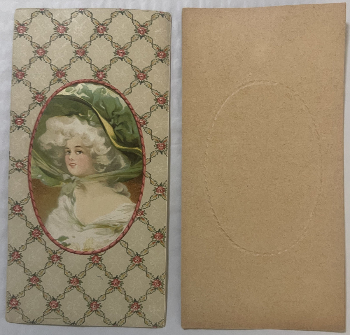 Antique Edwardian Candy Box Insert Green Silk Hat Powdered Wig Lady Chromolithograph NOS Gainsborough Portrait Ephemera 🥫