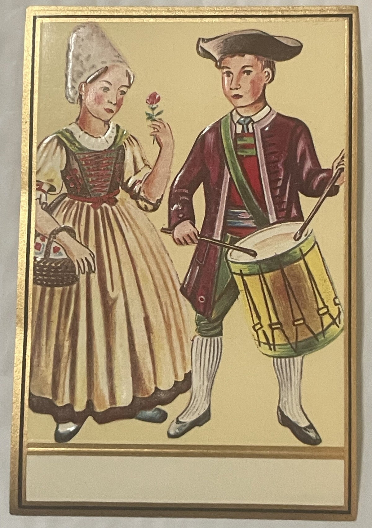Antique Gold Embossed Label 1910s-1920s Pennsylvania Dutch Colonial Couple Drummer Flower Basket Folk Art Chromolithograph NOS Ephemera 🥃