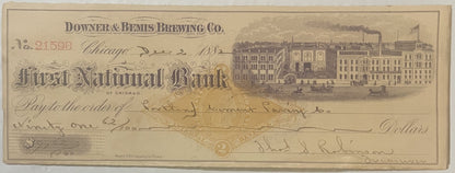Antique 1880s Downer and Bemis Brewing Co. Chicago Check