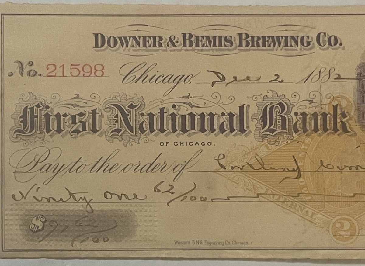 Antique 1880s Downer and Bemis Brewing Co. Chicago Check