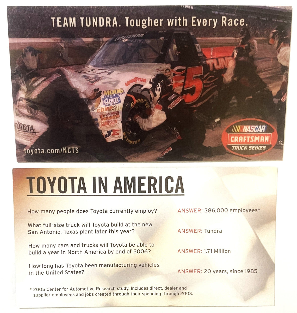 2005 NASCAR Winston Craftsman Truck Series Team Toyota Tundra 3D Hologram Card! 🃏