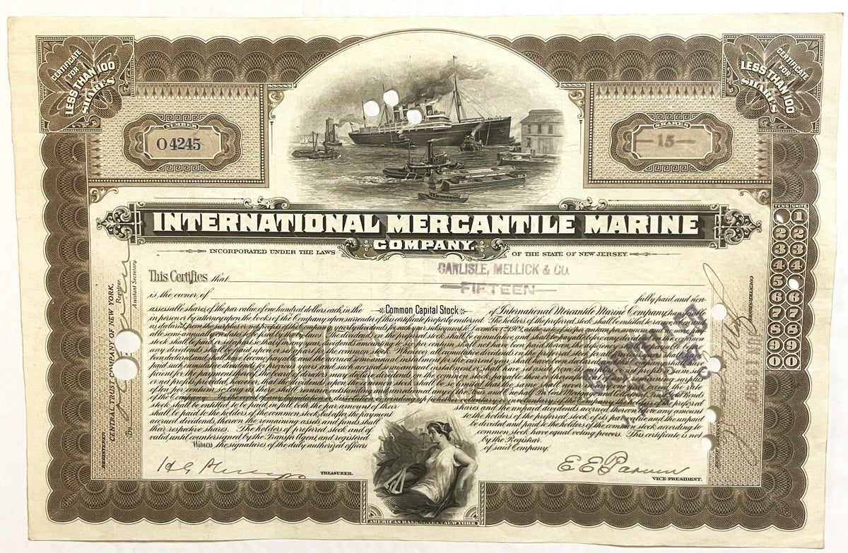 Antique 1910s 1920s Titanic International Mercantile Marine Stock Certificate Brown White Star Line 📜