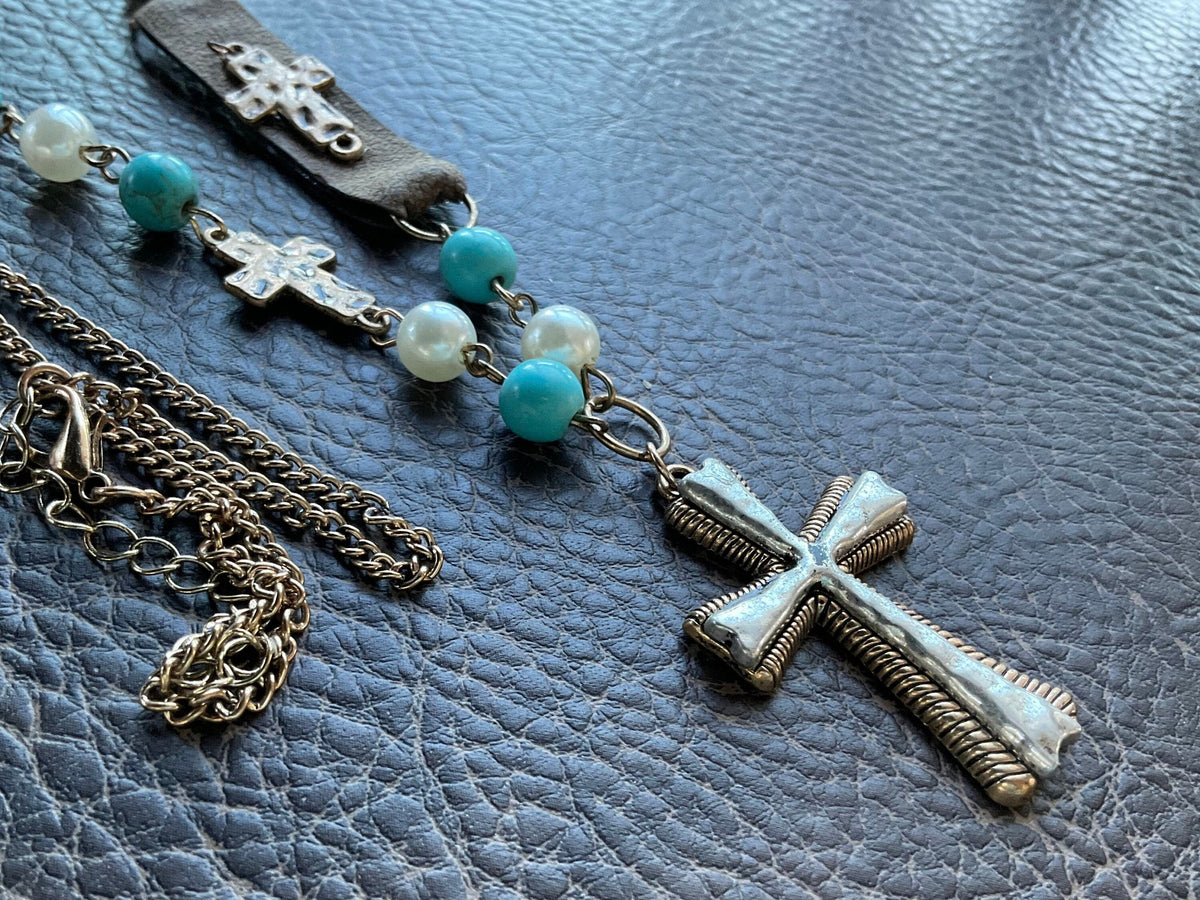 White and Blue Boho Cross Necklace Hammered Finish Multi Color Bohemian Bead Charms Woman Jewelry jewellery