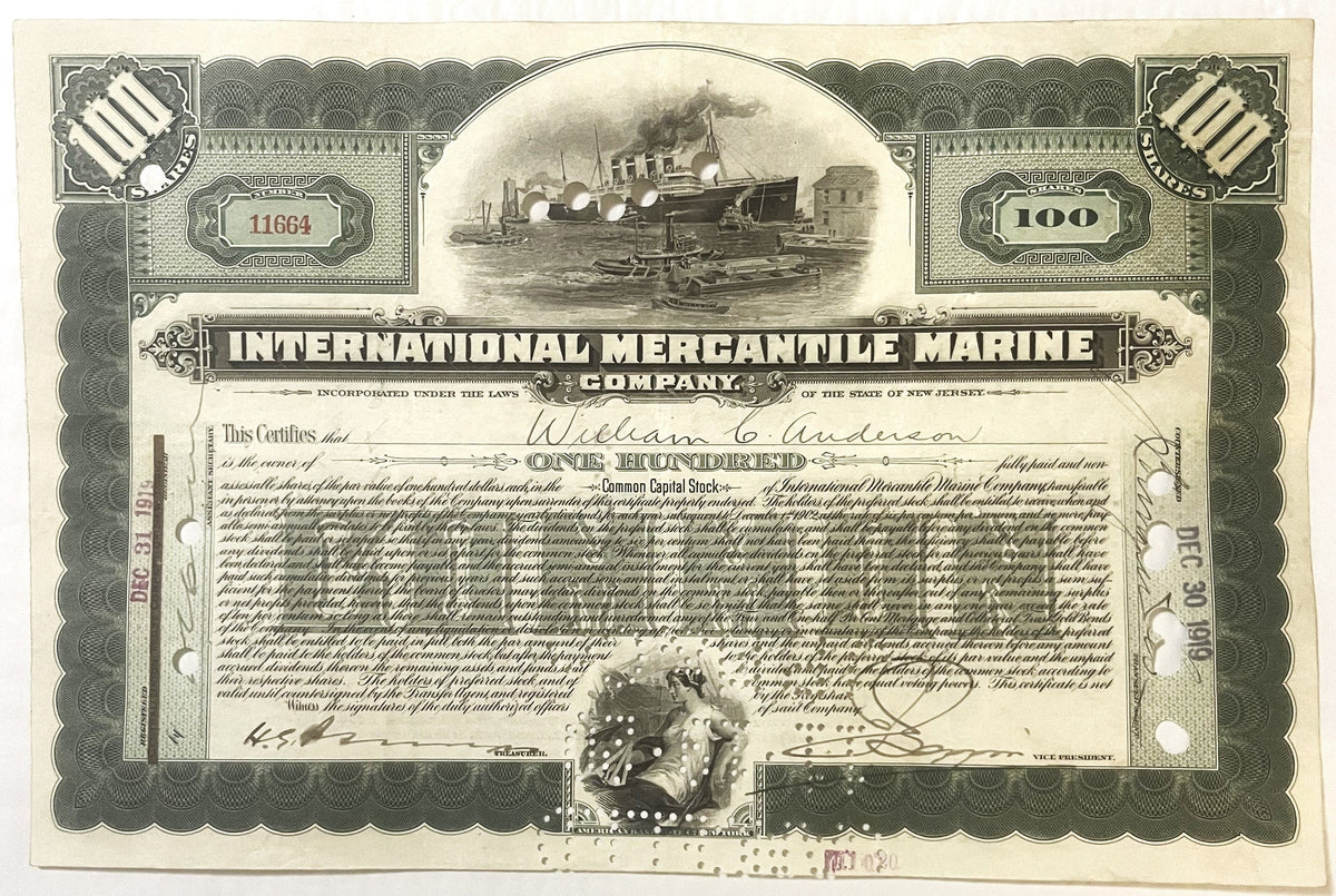 Antique 1910s-1920s Titanic International Mercantile Marine Stock Certificate 🚢 Green, White Star Line