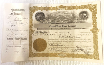 Antique 1946 Crystal Lead Mines Stock Certificate ⛏️ Idaho WWII Mining History, Wallace Coeur d'Alene