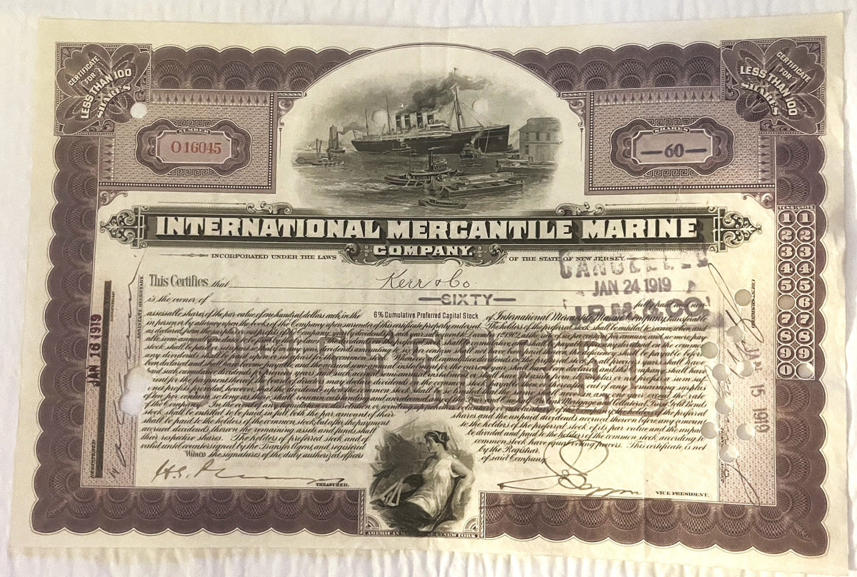Antique 1910s - 1920s Titanic International Mercantile Marine Preferred Stock Certificate - Purple 📜