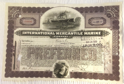 Antique 1910s - 1920s Titanic International Mercantile Marine Preferred Stock Certificate - Purple 📜