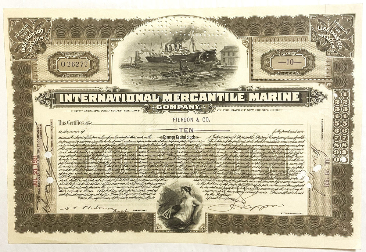 Antique 1910s 1920s Titanic International Mercantile Marine Stock Certificate Brown White Star Line 📜