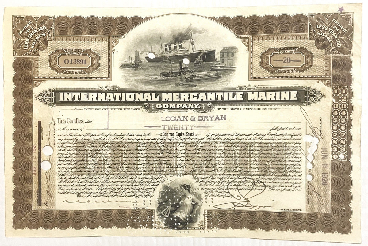 Antique 1910s 1920s Titanic International Mercantile Marine Stock Certificate Brown White Star Line 📜