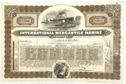 Antique 1910s 1920s Titanic International Mercantile Marine Stock Certificate Brown White Star Line 📜