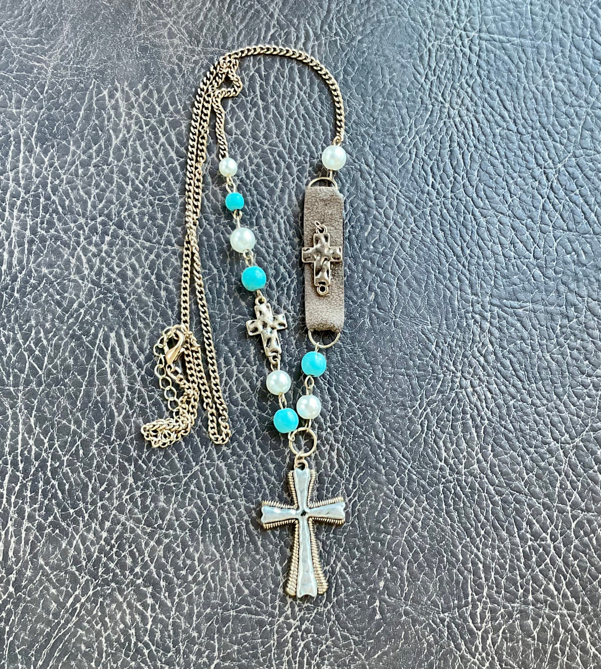 White and Blue Boho Cross Necklace Hammered Finish Multi Color Bohemian Bead Charms Woman Jewelry jewellery