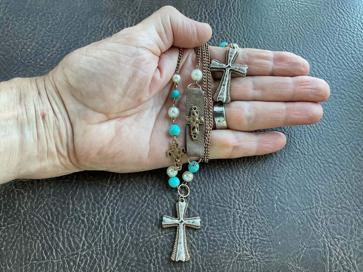 White and Blue Boho Cross Necklace Hammered Finish Multi Color Bohemian Bead Charms Woman Jewelry jewellery