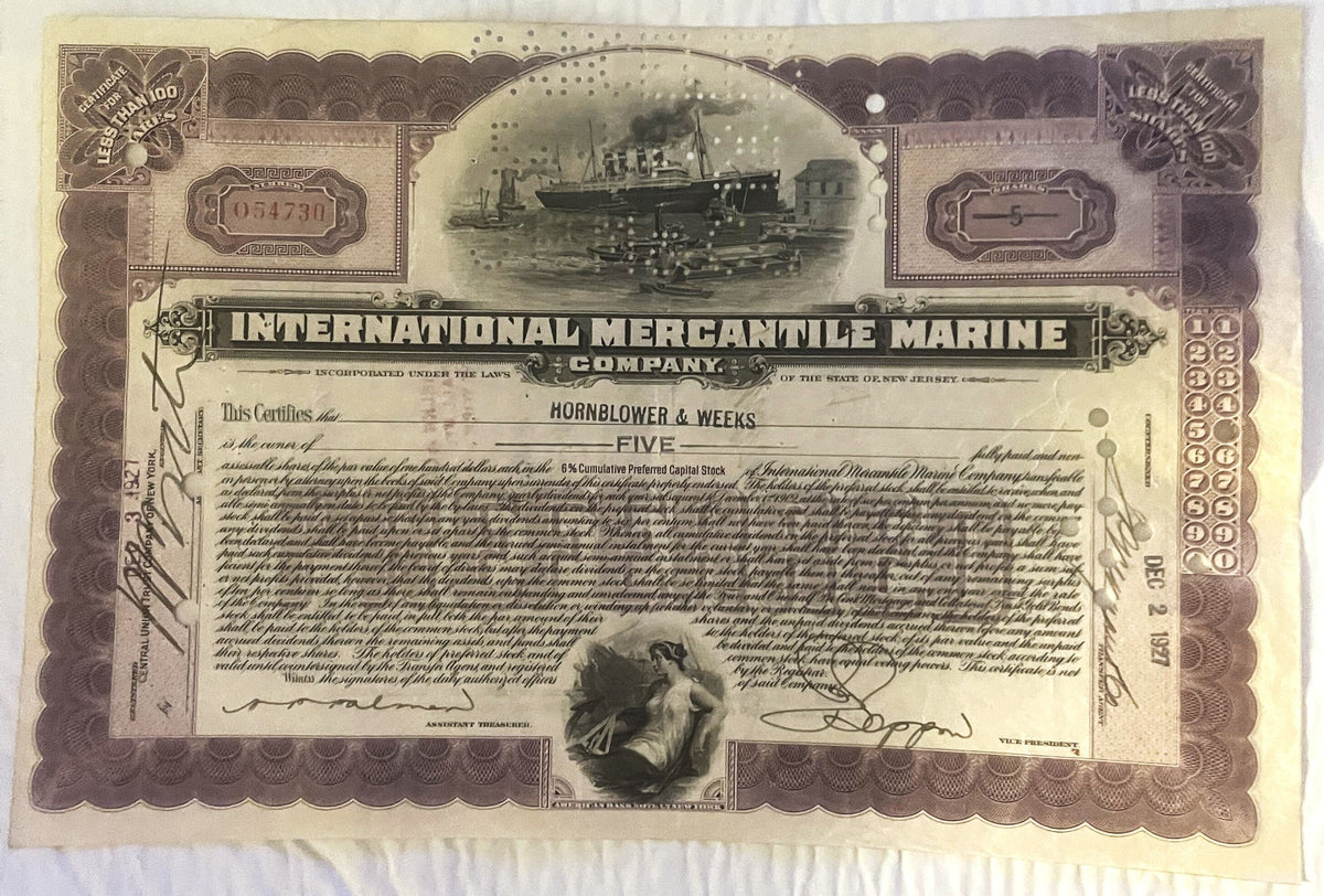 Antique 1910s - 1920s Titanic International Mercantile Marine Preferred Stock Certificate - Purple 📜