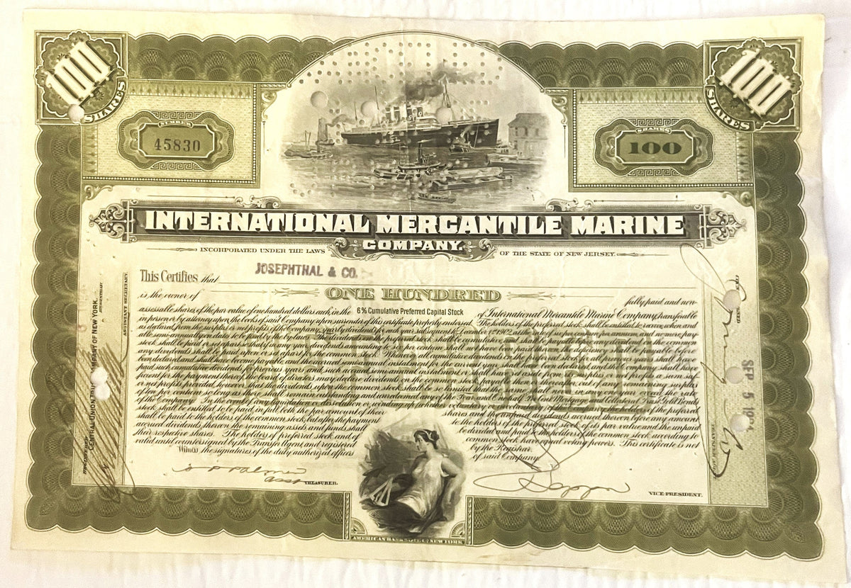Antique 1910s - 1920s Titanic International Mercantile Marine Preferred Stock Certificate - Light Green 📜