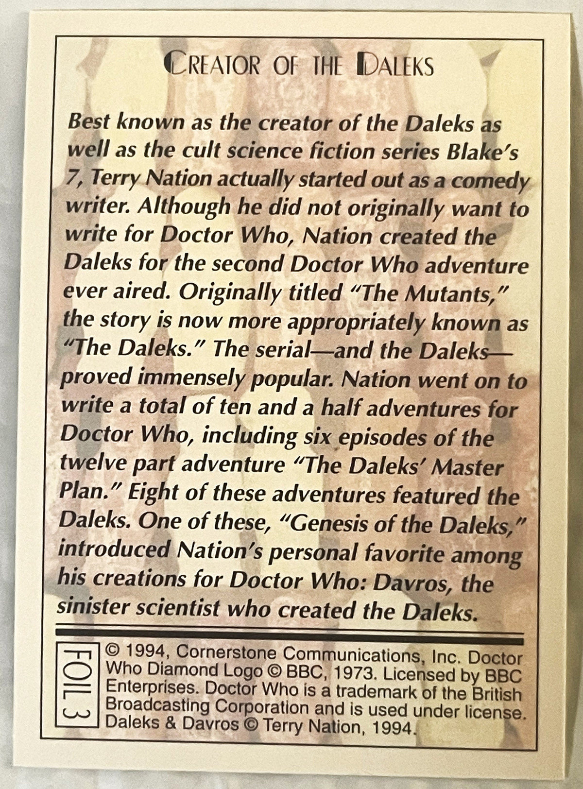 Vintage 1994 Doctor Who Daleks Foil Trading Card — Card 3 of 6 🛸