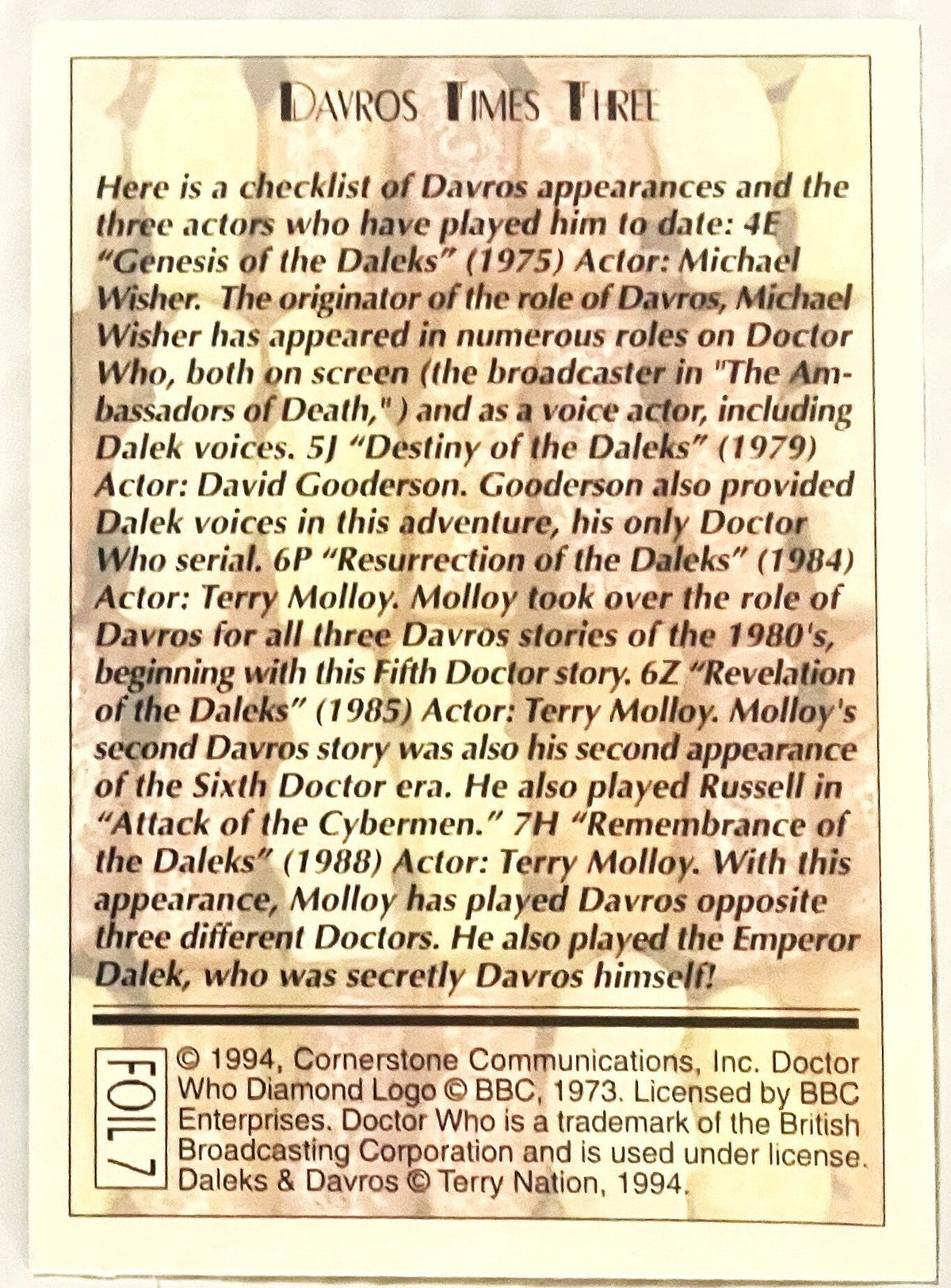 Vintage 1994 Doctor Who Daleks & Davros Foil Card Set 🧬 Cards 1-3 and 7