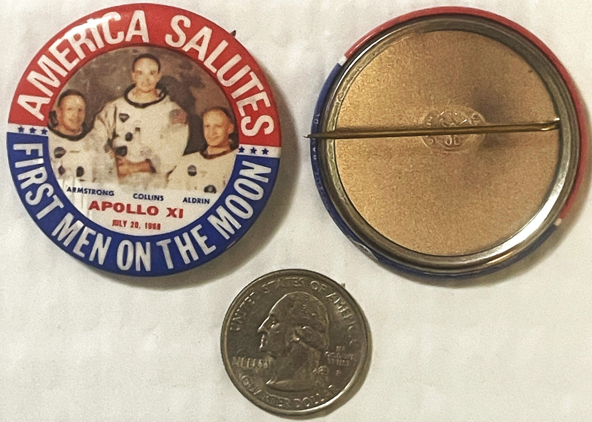 Vintage 1969 Apollo 11 Moon Landing Pinback Button 🚀 America Salutes First Men on the Moon