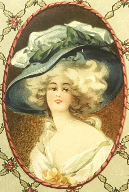 Antique Edwardian Candy Box Insert Blue Plumed Hat Lady Chromolithograph Printed in Germany NOS Belle Epoque Ephemera 🥫