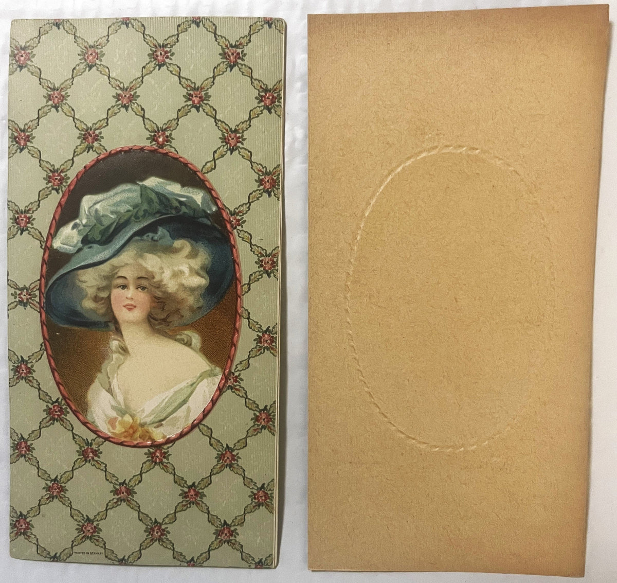 Antique Edwardian Candy Box Insert Blue Plumed Hat Lady Chromolithograph Printed in Germany NOS Belle Epoque Ephemera 🥫